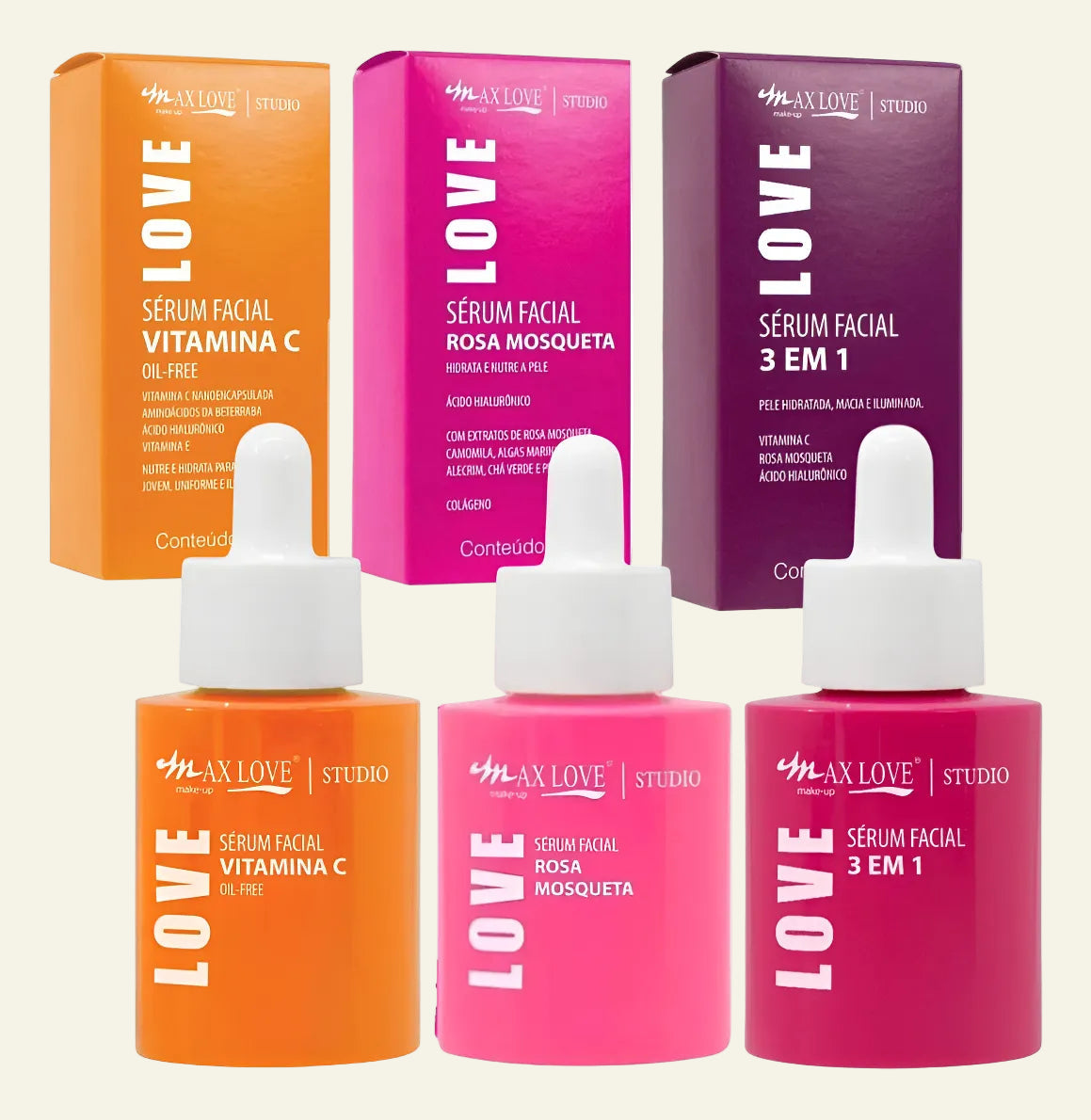 Kit c/ 3 Sérum Max Love Vitamina C + Sérum 3 em 1 + Sérum Rosa Mosqueta