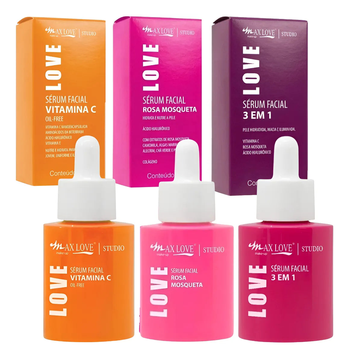 Kit c/ 3 Sérum Max Love Vitamina C + Sérum 3 em 1 + Sérum Rosa Mosqueta